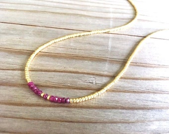 Dainty Ruby Necklace, Tiny Gemstone Choker, Delicate Minimalist Beaded Choker, Skinny Layering Necklace, Seed Bead Necklace, Womens Jewelry