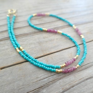 Pink Tourmaline and Turquoise Blue Bead Necklace, Seed Bead Choker Necklace, Delicate Dainty Minimalist, Layering Necklace, Gift for Her