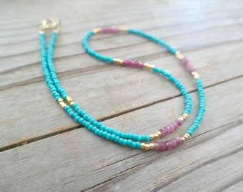 Pink Tourmaline and Turquoise Blue Bead Necklace, Seed Bead Choker Necklace, Delicate Dainty Minimalist, Layering Necklace, Gift for Her