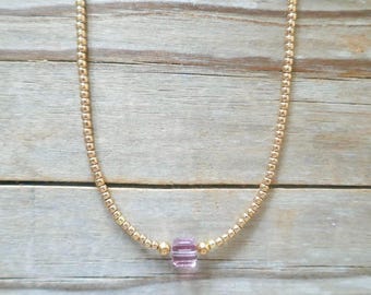 Amethyst Swarovski Crystal Necklace, 14k Gold Filled Beads, Seed Bead Choker, Delicate Minimalist, Gifts for Her
