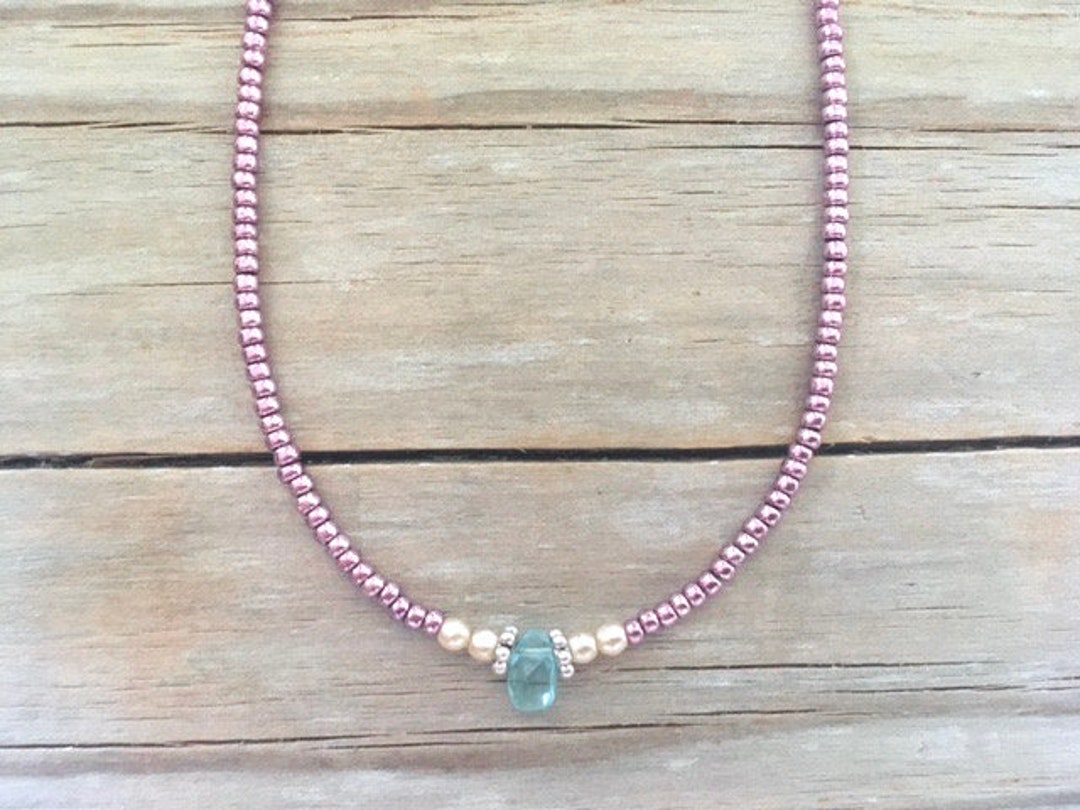 Blue Apatite Bead Necklace, Simple Gemstone Necklace, Seed Bead Choker ...