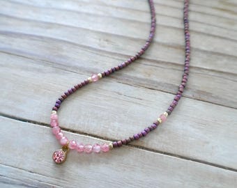 Pink Tourmaline Necklace, Tiny Faceted Gemstones, Delicate Seed Bead Choker, Natural Stones, Minimalist Dainty Jewelry, Gift for Her