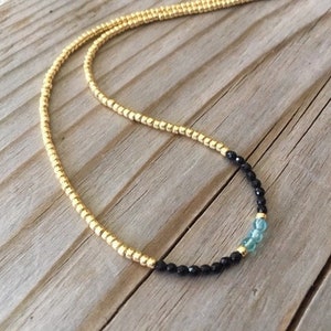 Dainty Black Spinel and Aquamarine Necklace, Gemstone Necklace, Delicate Minimalist Necklace, Tiny Beads, Womens Skinny Layering Necklace