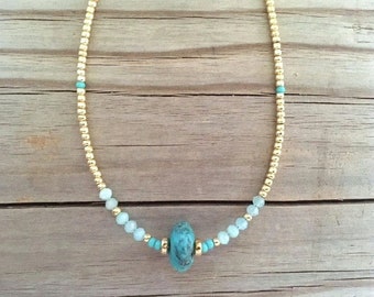 Turquoise Necklace, Seed Bead Choker, Simple Gemstone Necklace, Blue Beads, Dainty Delicate Minimalist Bead Necklace, Womens Necklace