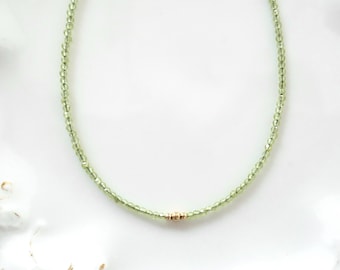 Peridot 14k Gold Filled Ultra Delicate Beaded Necklace, Tiny Gemstone Choker, Dainty Minimalist, Green Crystal Choker, Layering Gift for Her