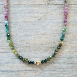 May include: A delicate necklace made with faceted gemstone beads in a gradient of pink, blue, green, and black. The necklace features a gold accent in the center.