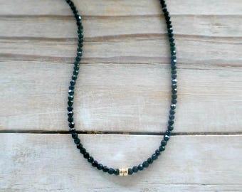 Black Spinel Beaded Necklace, Gold Filled Beads, Tiny Gemstone Necklace, Dainty Delicate Minimalist, Black Crystal Choker, Layering Necklace