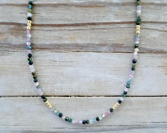 Dainty Tourmaline Choker Necklace, Thin Beaded Necklace, Tiny Faceted Gemstones, Simple Delicate Minimalist, Earth Color Beads, Gift for Her