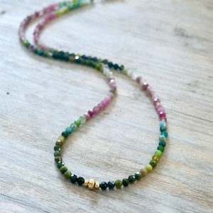 May include: A multi-colored gemstone necklace with a gradient of pink, green, and blue beads. The necklace has a gold accent in the center.