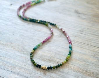 Tourmaline and Gold Filled Bead Necklace, Multicolor Gemstone Necklace, Tourmaline Jewelry, Dainty Minimalist Beaded Jewelry, Gift for Her