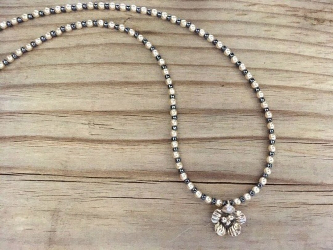 Tiny Bead Necklace Sterling Silver Flower Necklace Seed Bead Etsy