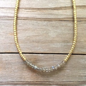 Labradorite Dainty Choker Necklace, Tiny Gemstone Necklace, Simple Minimalist, Seed Bead Choker, Tiny Bead Choker, Layering Womens Necklace