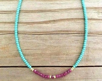 Dainty Ruby Beaded Necklace, Tiny Gemstone Choker, Skinny Layering Necklace, Turquoise Blue Seed Bead Choker, Gifts for Her
