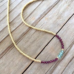 Dainty Garnet and Aquamarine Necklace, Gemstone Necklace, Delicate Minimalist, Seed Bead Choker, Tiny Red Crystals, Skinny Layering Necklace