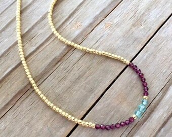 Dainty Garnet and Aquamarine Necklace, Gemstone Necklace, Delicate Minimalist, Seed Bead Choker, Tiny Red Crystals, Skinny Layering Necklace