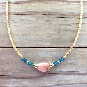 Blue Topaz Delicate Necklace, Pink Stone, Gemstone Choker, Seed Bead Choker, Minimalist Dainty Bead Jewelry, Layering Necklace, Gift for Her