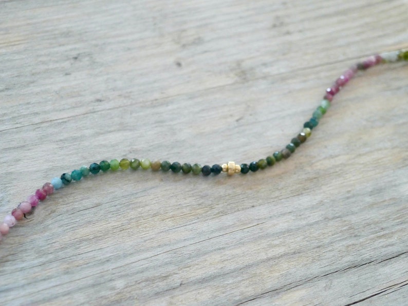 May include: A multi-colored gemstone necklace with a gold accent. The necklace is made of small, round beads in shades of pink, green, and blue.