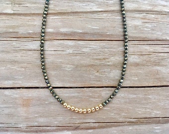 Pyrite Delicate Beaded Necklace, Gold Filled Beads, Tiny Gemstones, Dainty Minimalist Necklace, Thin Layering Womens Necklace, Gift for Her