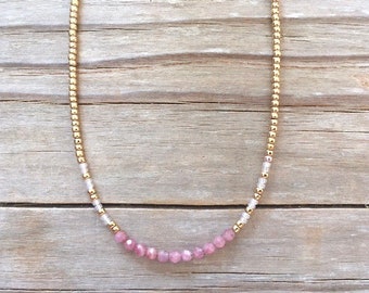 Pink Tourmaline Dainty Necklace, Tiny Gemstone Beaded Necklace, Pink Crystals, Simple Minimalist, Seed Bead Choker, Thin Layering Necklace