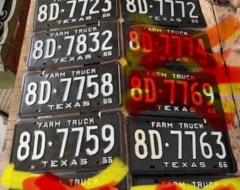 Vintage Pairs of 1966 Texas Farm Truck License Plates Matching Pairs White on Black 8D 7769 + others NOS New Old Stock