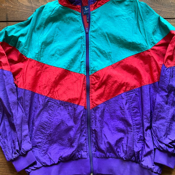 Vintage 90s Womens Full Zip Windbreaker Jacket Size XL Teal Purple Red