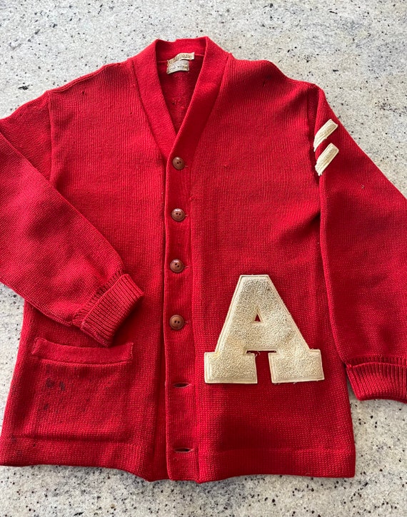 Vintage 1940s 1950s High School Letter Sweater Cardigan A Red