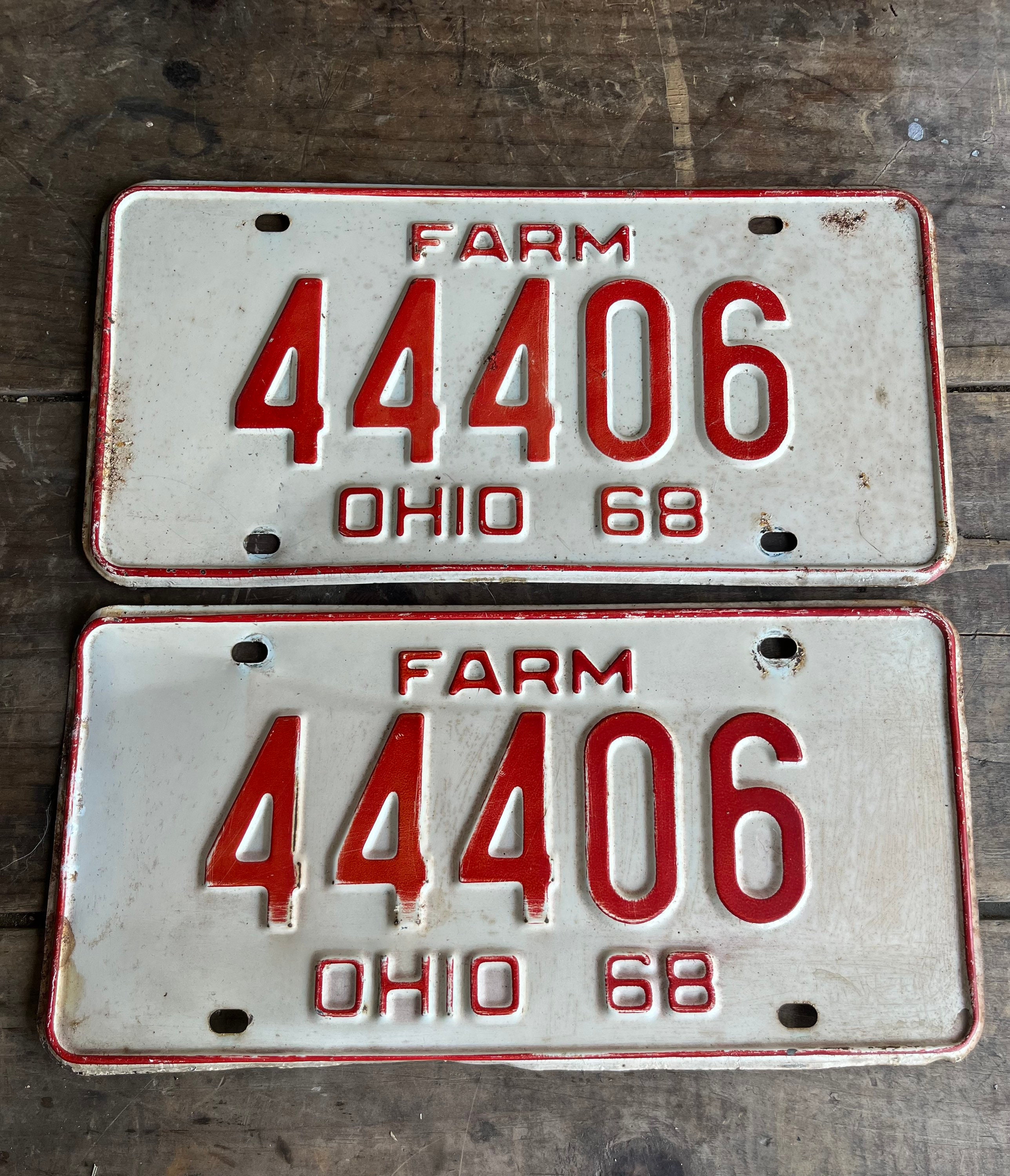 Vintage Pair of 1968 Ohio Farm License Plates 44406 Red on White