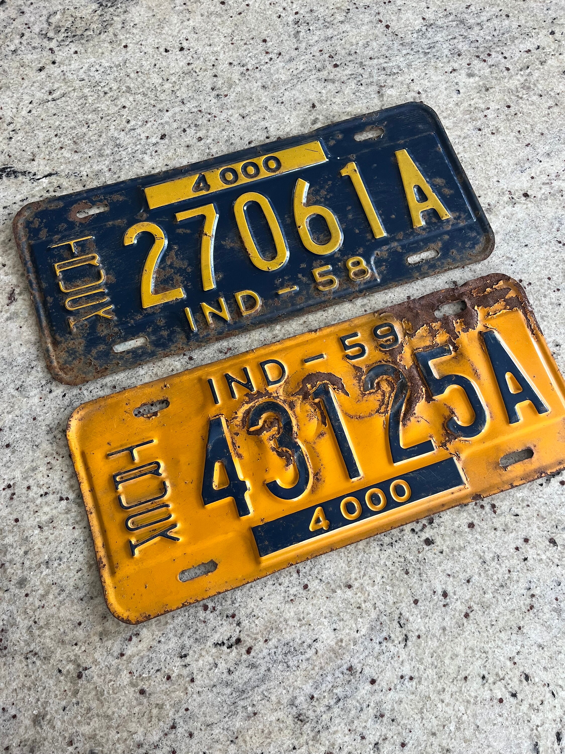 Vintage 1958 & 1959 Indiana Truck License Plates Blue Yellow 27061 