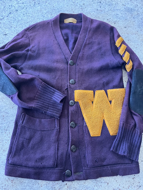 Vintage 1940s 1950s High School Letter Sweater Cardigan W Purple 