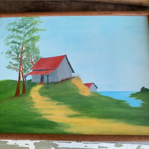 Vintage Original Oil on Canvas Barn Shed Painting Artist Signed EN Kennedy Aprox 25 X 19