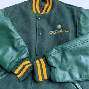 Vintage National Bank of Indianapolis Wool Leather Jacket Quality Made in USA Embroidered Logo Size Small / Medium