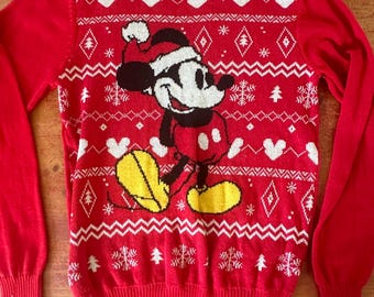 Suéter navideño vintage de Mickey Mouse de Disney, pequeño, cálido y acogedor, rojo, con un gráfico impresionante