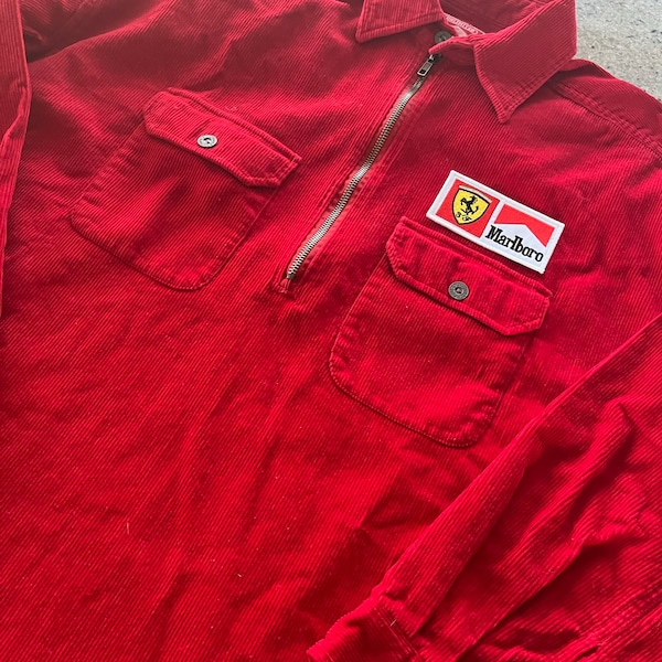 Vintage 1990s Ferrari Marlboro Racing Corduroy 1/4 Zip Jacket   Tagged Size Medium but Fits Larger