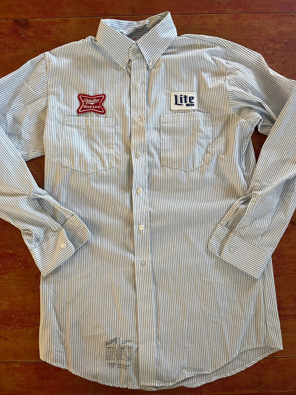 Vintage Miller Brewing Co Lite Beer Delivery Man Shirt Pin Stripes Long Sleeves Size Mens Medium Tall Quality Embroidered Patches Made Usa Trendy Fashion