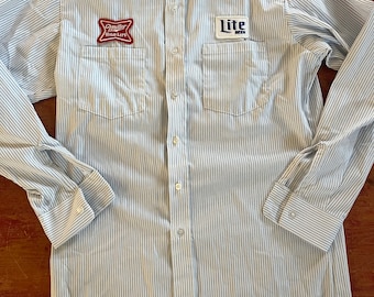 Vintage Miller Brewing Co Lite Beer Delivery Man Shirt Pin Stripes Long Sleeves Size Mens Medium Tall Quality Embroidered Patches Made USA