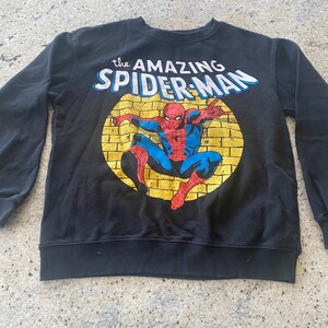 Puede incluir: Sudadera negra de manga larga con un gr&aacute;fico amarillo y rojo de Spider-Man. El texto "the AMAZING SPIDER-MAN" est&aacute; impreso en la parte delantera de la sudadera.