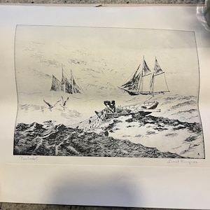 Lotto vintage di 3 incisioni firmate Lionel Barrymore Nantucket Barche a vela da pesca 7 1/2&quot; X 10&quot;