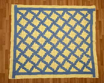 Vintage Blue & Yellow Drunkard’s Path Quilt 64 x 76 inches Hand Made