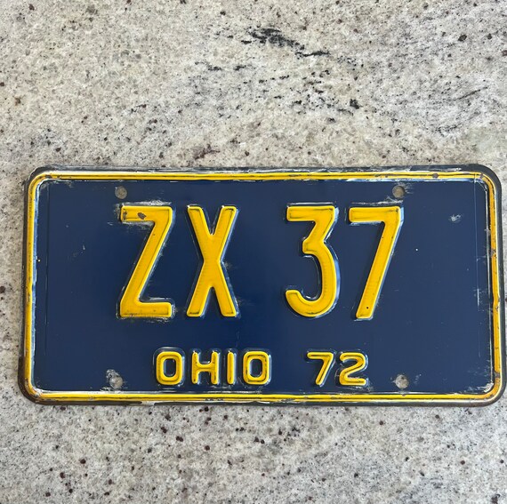 Vintage 1972 Ohio License Plate Blue & Yellow Embossed ZX 37 Nice