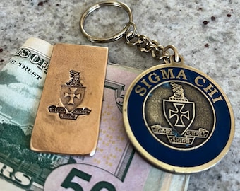 Vintage Sigma Chi Fraternity Medallion Key Chain & Bronze Money Clip Gift Set