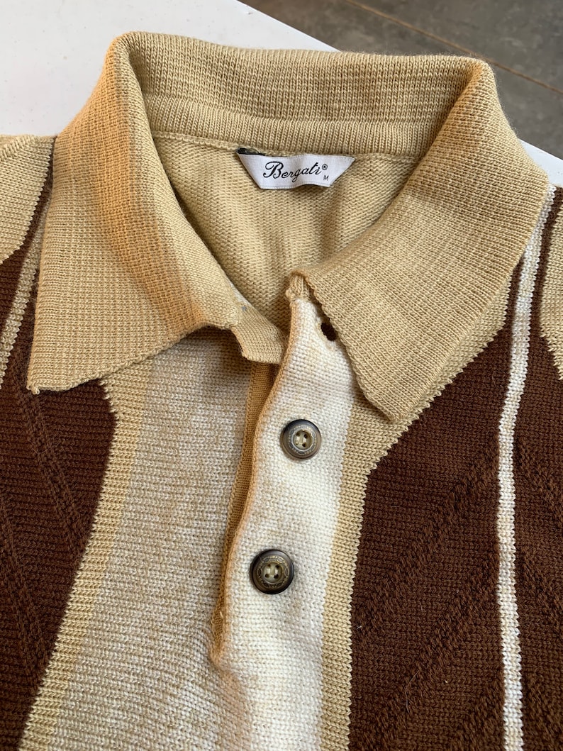 Vintage Men\u2019s Bergati 3 Button Sweater Brown Tan Cream Size Medium EUC Excellent Condition