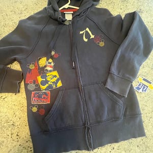 May include: A dark blue zip-up hoodie featuring the text Disney World on the hood, the number 71, and various graphic patches including a Mickey Mouse icon, a red castle silhouette, and an Animal Kingdom logo with small circular patterns.