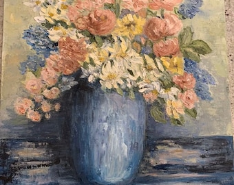 Vintage Mid Century Floral Oil Painting on Canvas Flowers Vase Still Life 16 X 20 Artist Signed