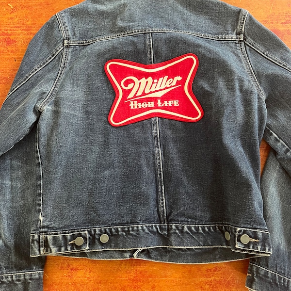 Vintage Women’s Miller High Life Beer Denim Jacket    Size Large Miller patches front and back