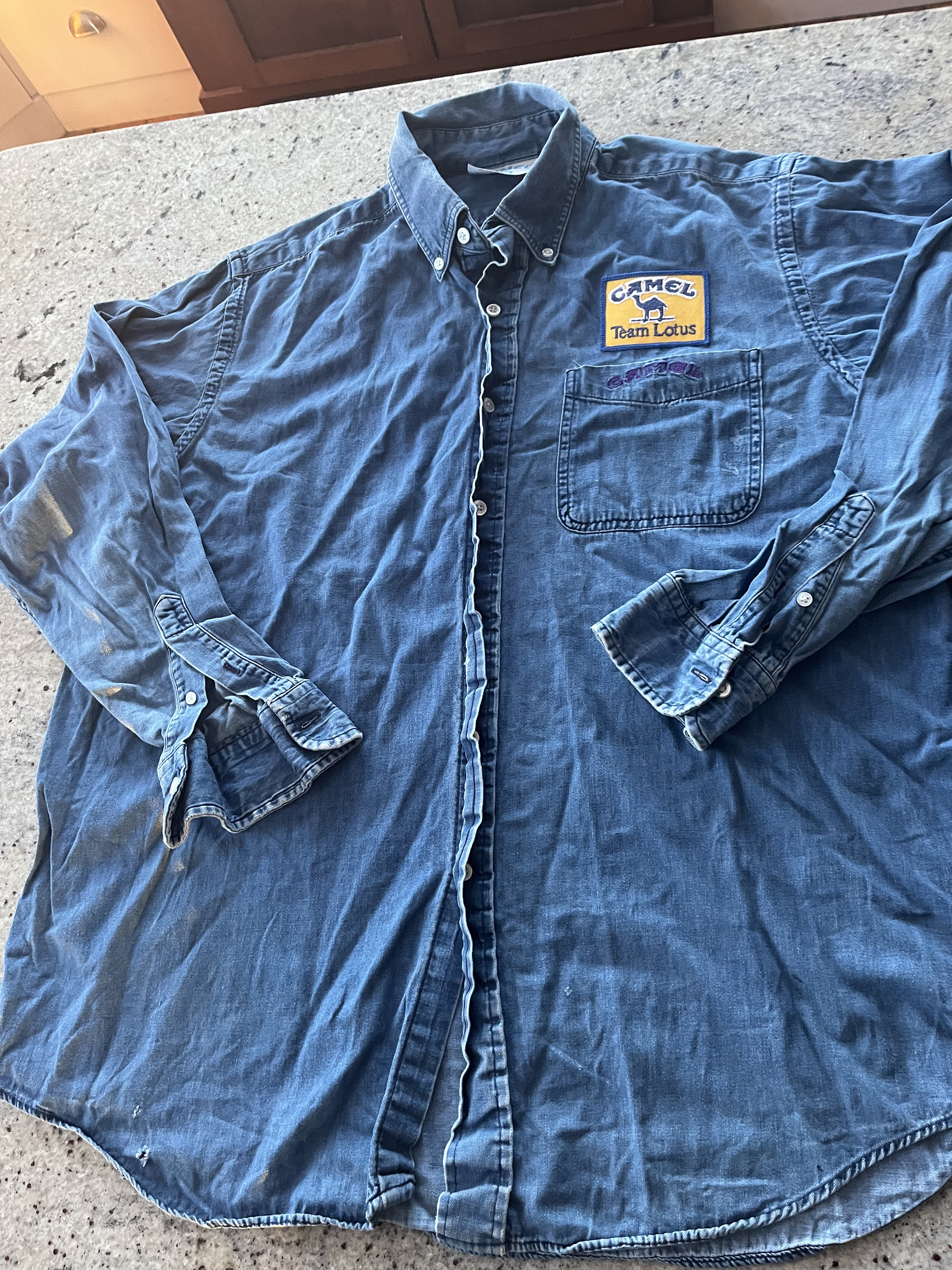 cigarette button up shirt Vintage Camel Cigarettes Team Lotus Denim Shirt Size Large Long Sleeve  Button Down Quality Made in USA