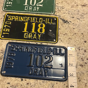 Vintage 70s Springfield Illinois Motorcycle License Plates Lot of 3 Dray 1970 1975 1979 # 102 118