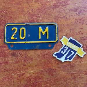 Vintage License Plate Topper   20 M   Blue & Yellow Metal 6” X 3”