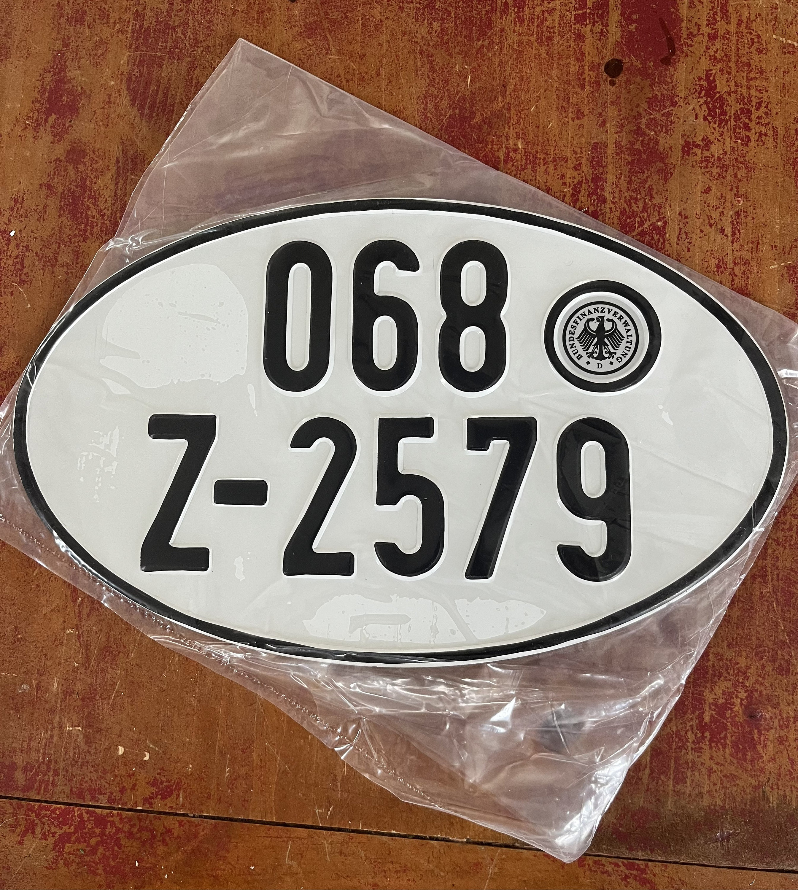 Vintage German Oval Import License Plate Black on White 068 Z