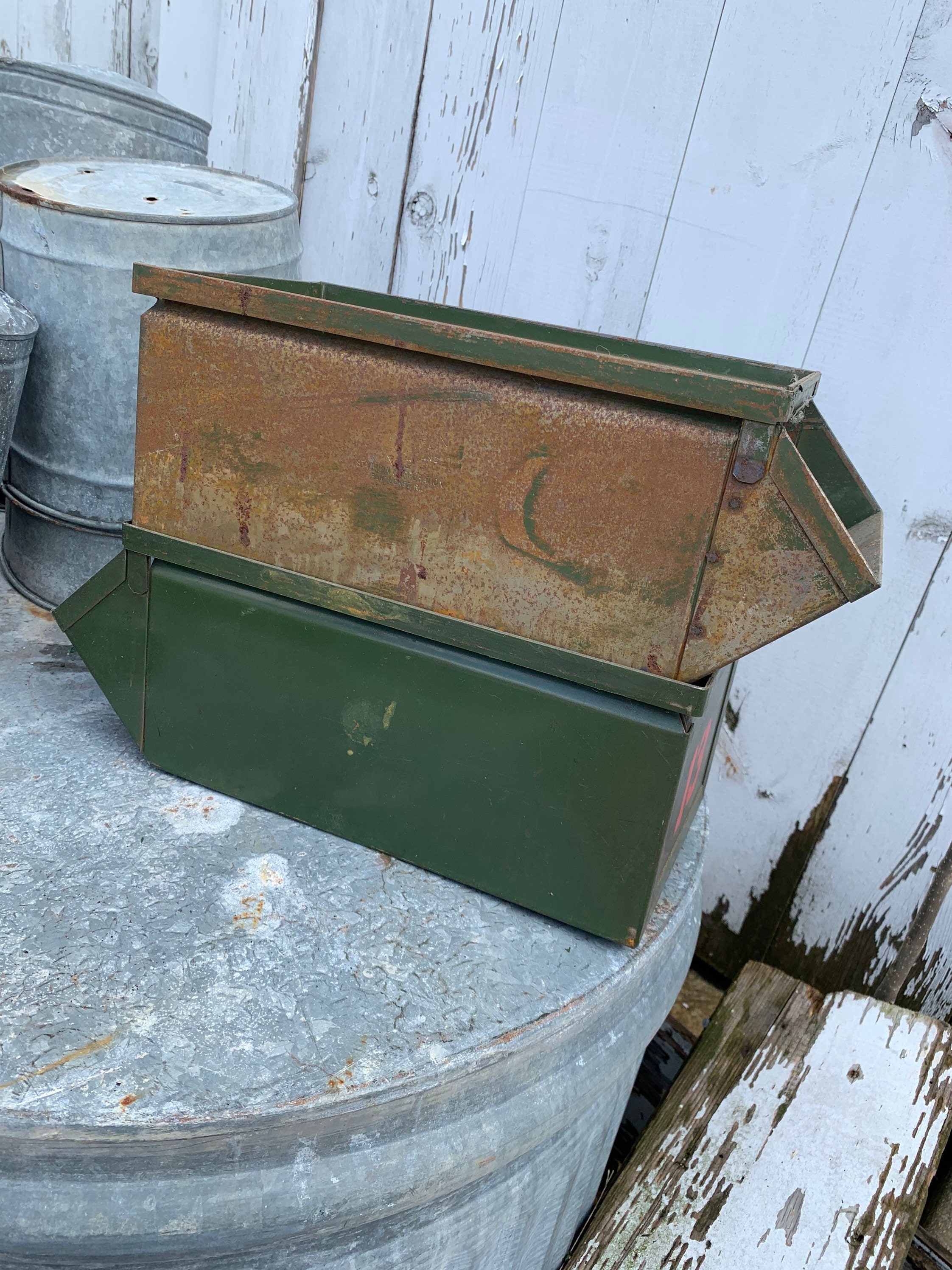 Lot Of 2 Vintage Green Industrial Metal Storage Bins StackBin Etsy