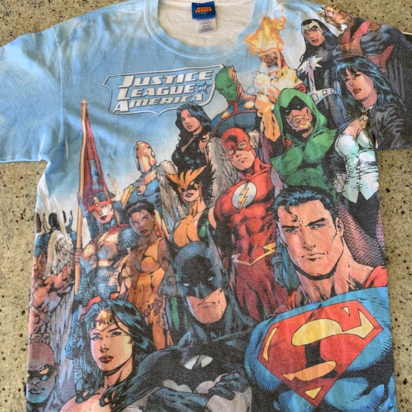 Vintage The Justice League of America Allover Big Print T Shirt Size Large DC Comics Batman Superman